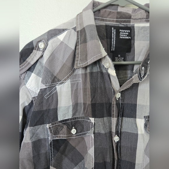 Koman Jeans Gray Plaid Button Down Shirt Size XL 100% Cotton - Picture 3 of 6